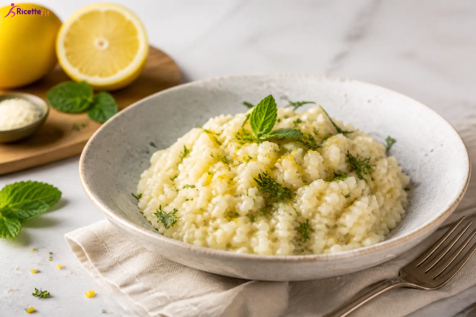 Risotto al basilico e limone cremoso con menta e scorza di limone