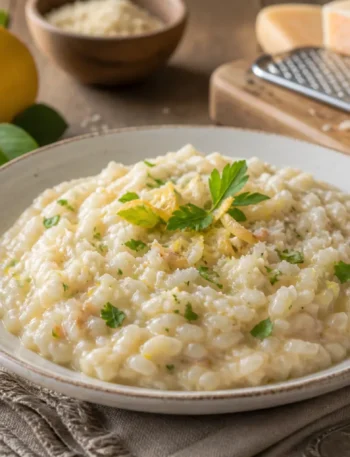 Risotto al parmigiano e scorza di limone cremoso con prezzemolo