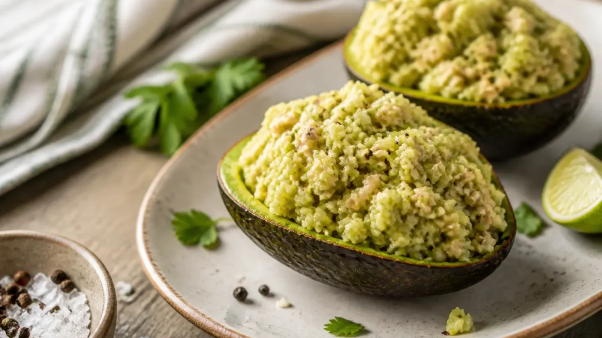 Risotto avocado fit con salmone servito nei gusci con lime e prezzemolo