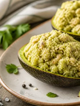 Risotto avocado fit con salmone servito nei gusci con lime e prezzemolo