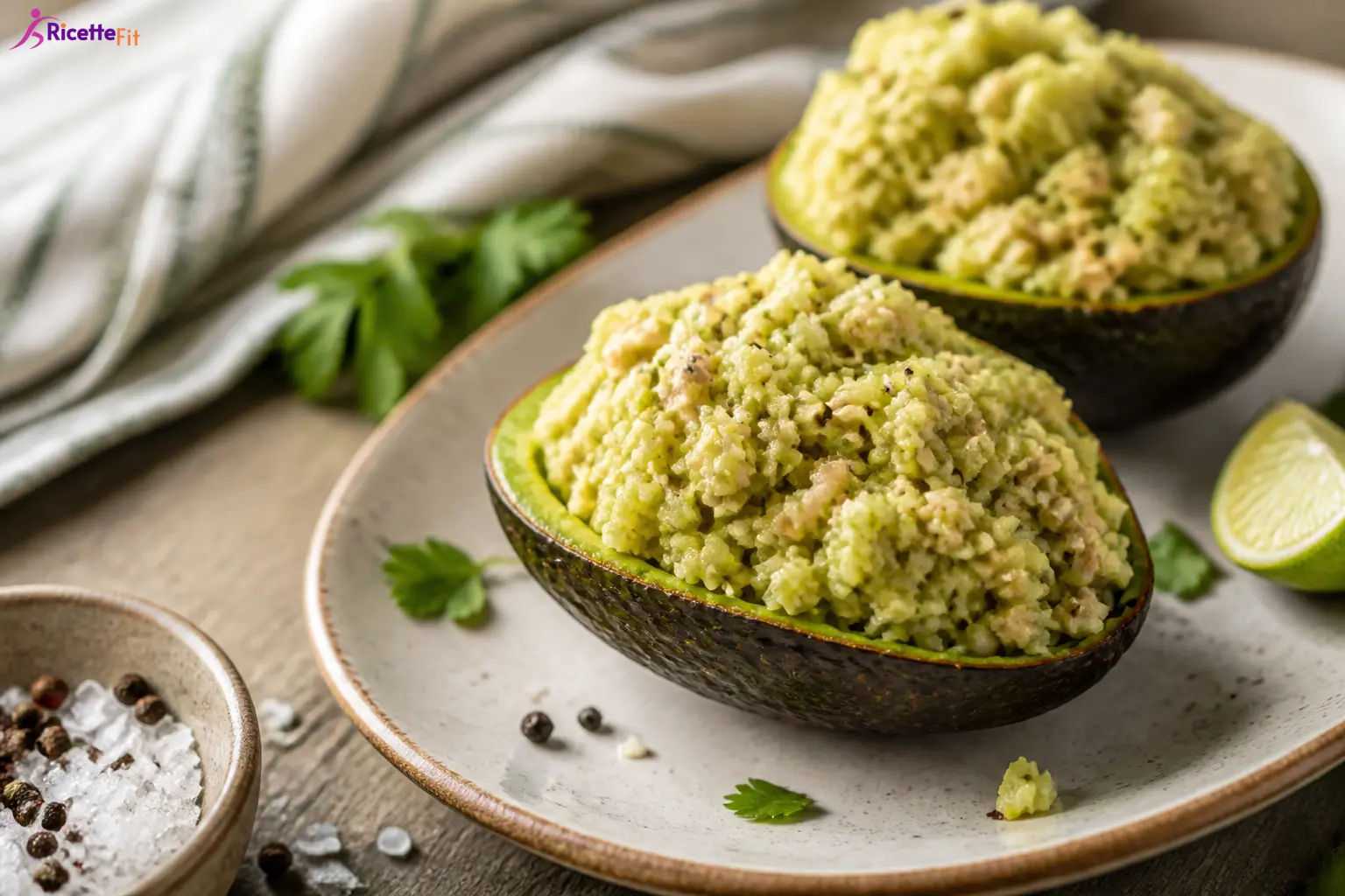 Risotto avocado fit con salmone servito nei gusci con lime e prezzemolo