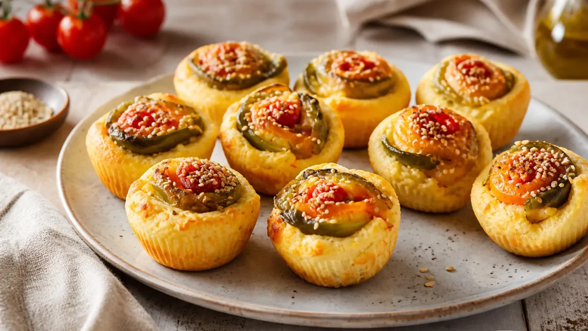 Muffin salati fit con rose di peperoni, pomodorini e semi di sesamo