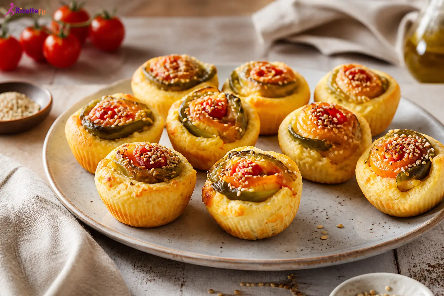 Muffin salati fit con rose di peperoni, pomodorini e semi di sesamo