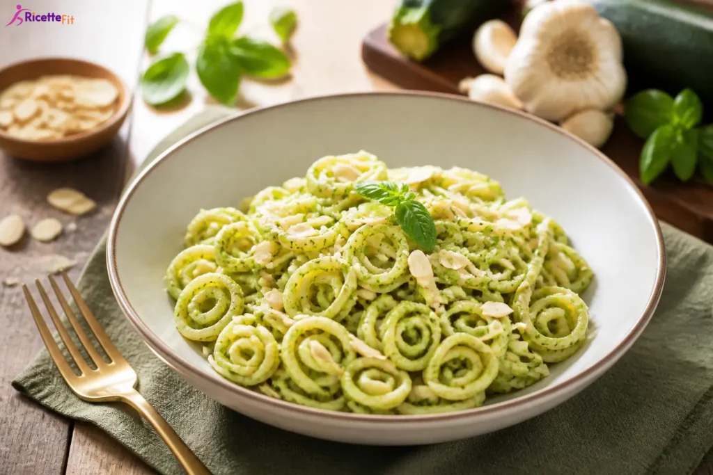 Spaghetti con pesto di zucchine e mandorle in piatto fondo