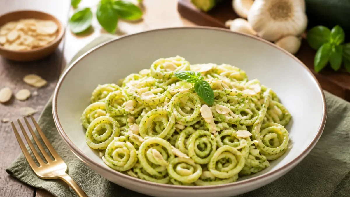 Spaghetti con pesto di zucchine e mandorle in piatto fondo