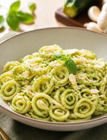Spaghetti con pesto di zucchine e mandorle in piatto fondo