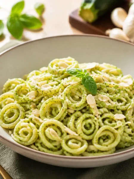 Spaghetti con pesto di zucchine e mandorle in piatto fondo