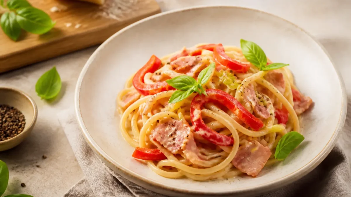 Spaghetti integrali con peperoni, prosciutto cotto e crema al basilico