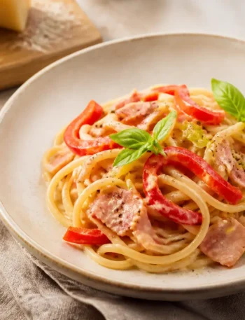 Spaghetti integrali con peperoni, prosciutto cotto e crema al basilico