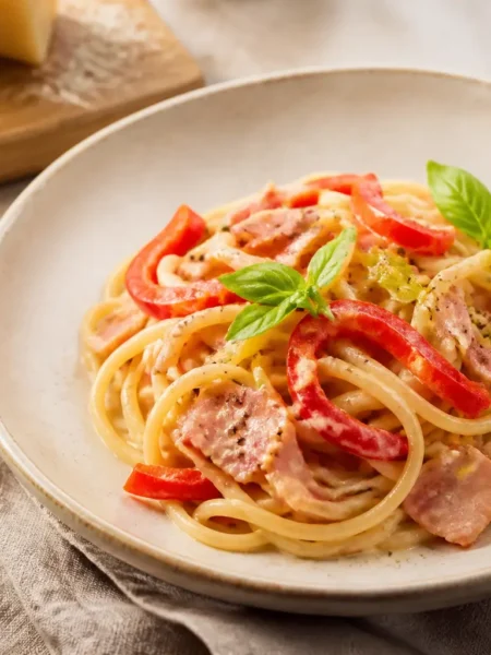 Spaghetti integrali con peperoni, prosciutto cotto e crema al basilico