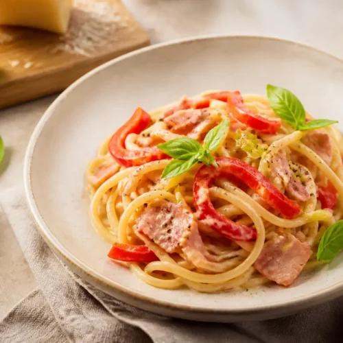 Spaghetti del re con peperoni, prosciutto cotto e crema leggera al basilico
