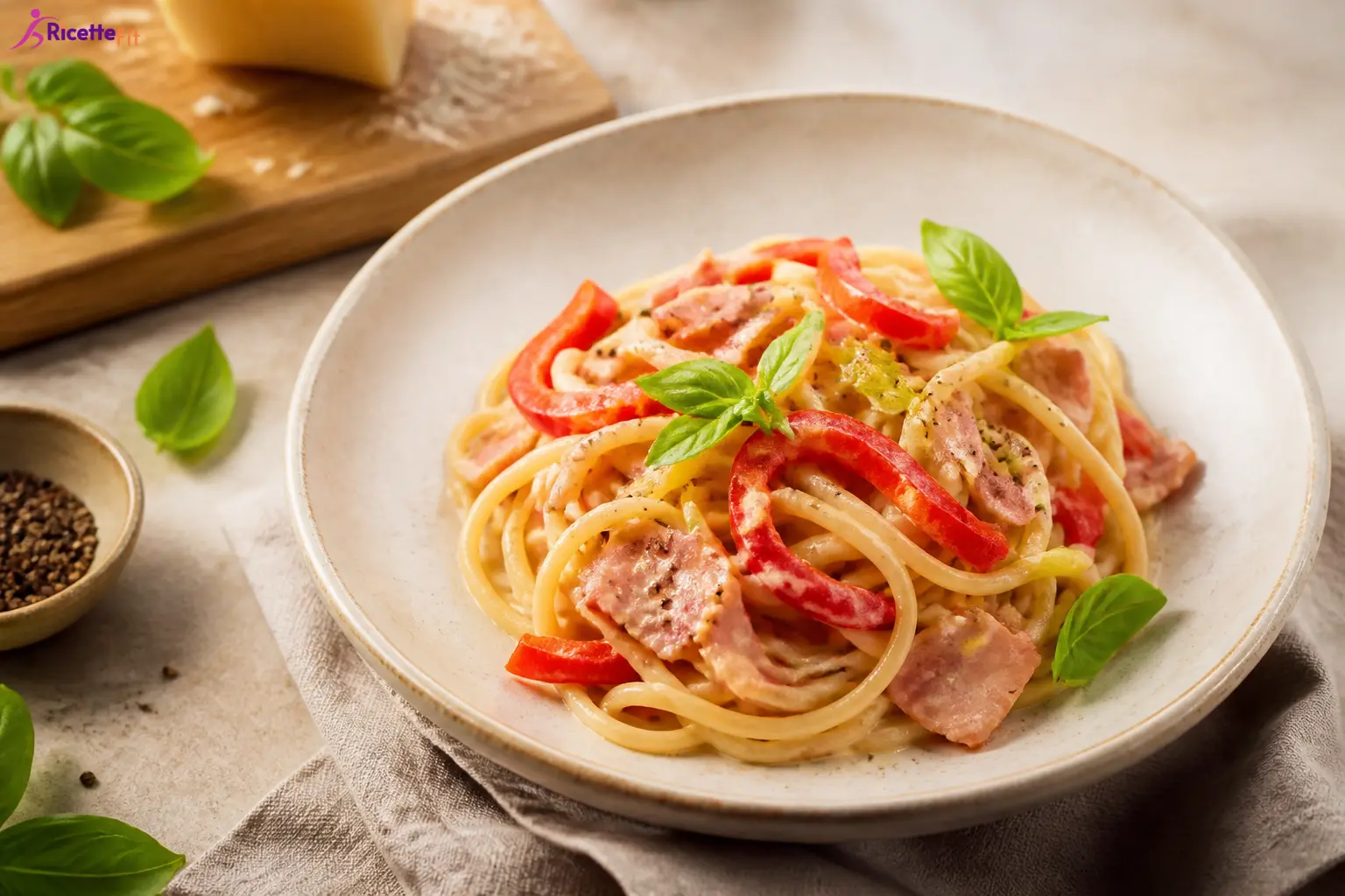 Spaghetti del re con peperoni, prosciutto cotto e crema leggera al basilico