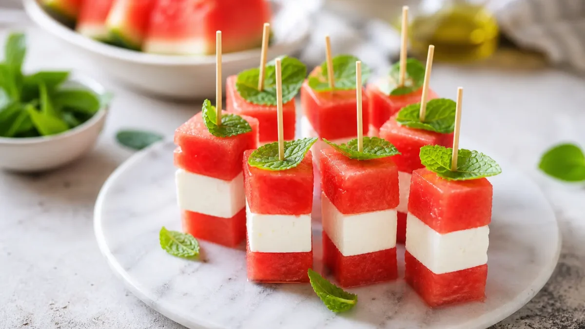 Spiedini di anguria, feta light e menta su piatto chiaro