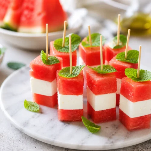 Spiedini di anguria, feta light e menta