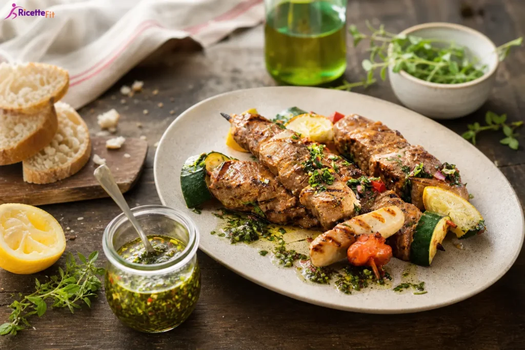 Spiedini di pollo e verdure con chimichurri leggero e limone grigliato