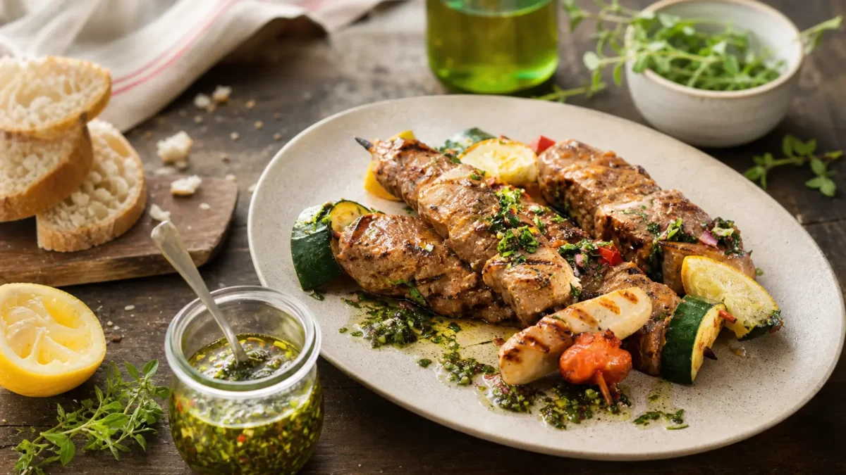 Spiedini di pollo e verdure con chimichurri leggero e limone grigliato