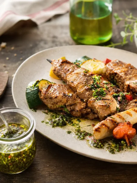 Spiedini di pollo e verdure con chimichurri leggero e limone grigliato
