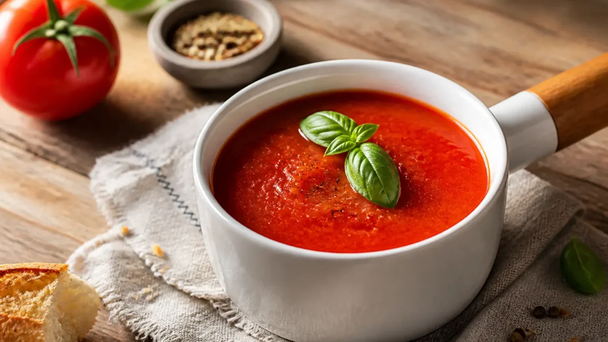 Sugo di pomodoro fresco al basilico in casseruola bianca