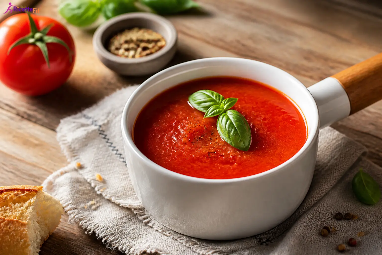 Sugo di pomodoro fresco al basilico in casseruola bianca