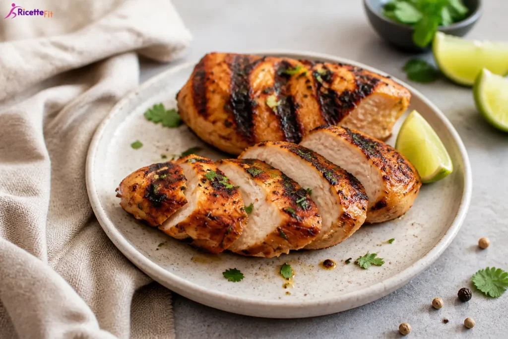 Tacchino al lime e coriandolo alla piastra con fette e spicchi di lime