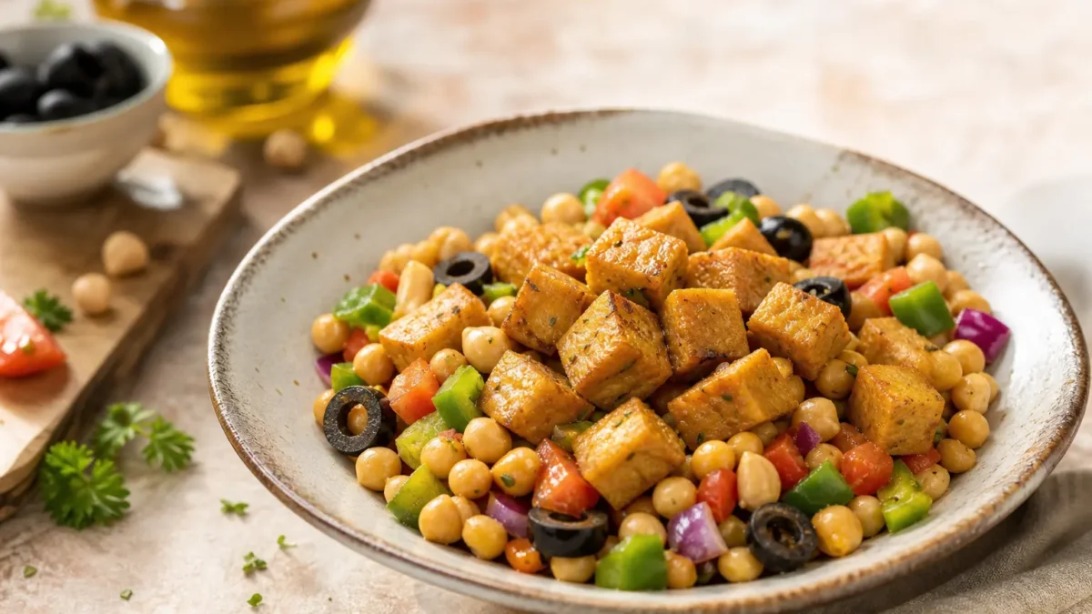 Bowl di tempeh marinato con ceci, peperone, pomodori e olive nere