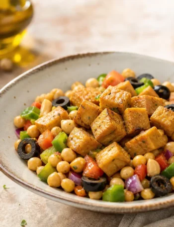 Bowl di tempeh marinato con ceci, peperone, pomodori e olive nere
