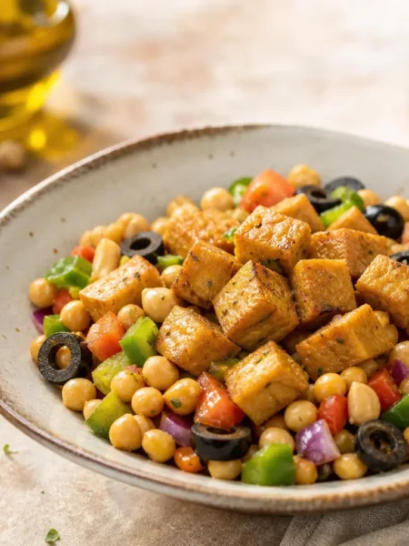 Bowl di tempeh marinato con ceci, peperone, pomodori e olive nere