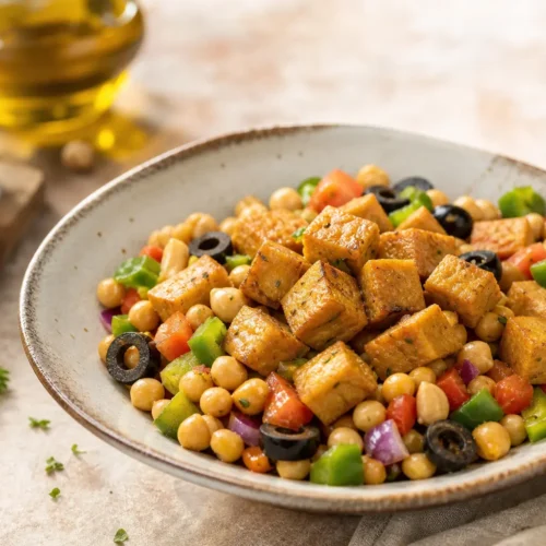 Tempeh marinato al lime e peperoncino con insalata di ceci