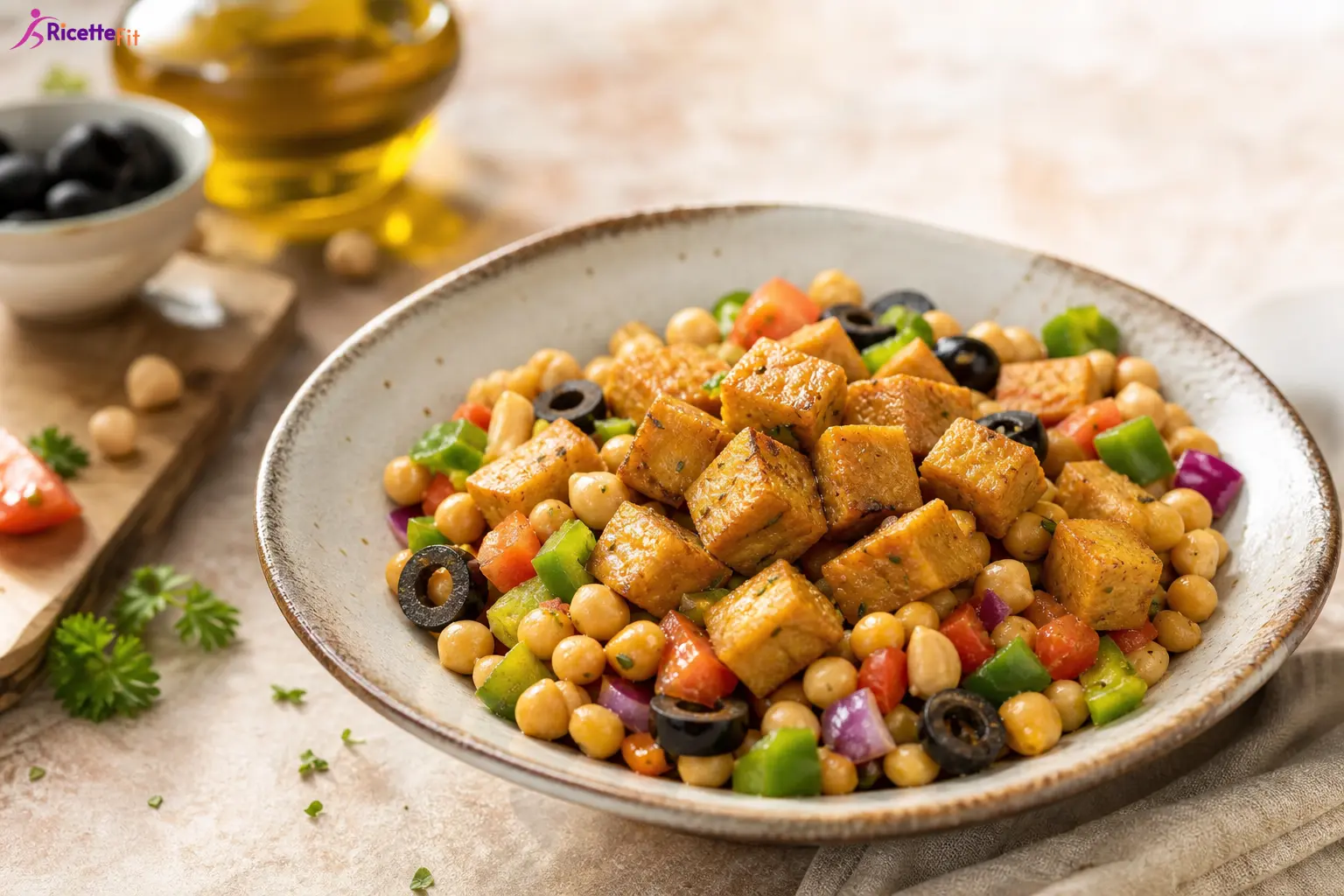 Tempeh marinato al lime e peperoncino con insalata di ceci
