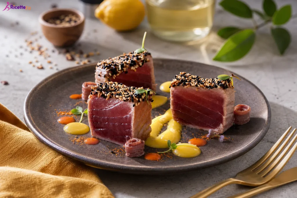 Tonno scottato con sesamo e salsa allo yogurt e senape
