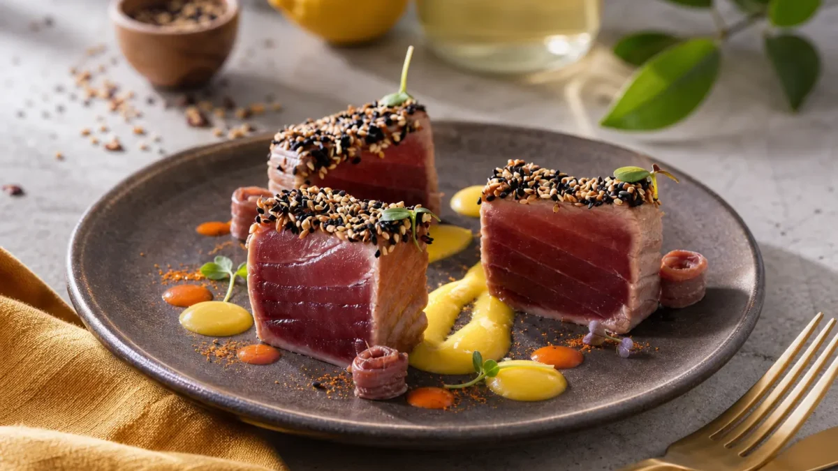 Tonno scottato con sesamo e salsa allo yogurt e senape