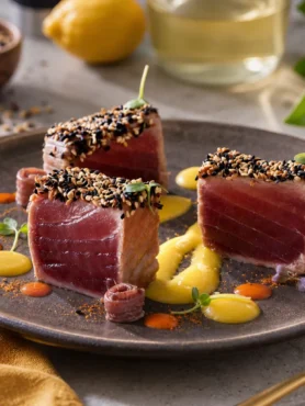 Tonno scottato con sesamo e salsa allo yogurt e senape