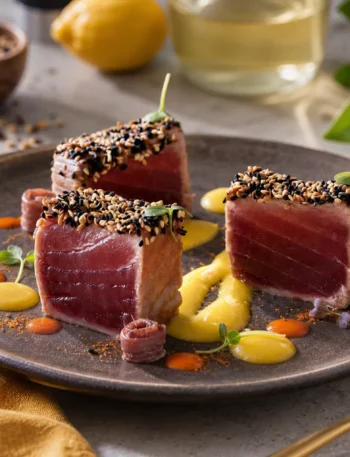 Tonno scottato con sesamo e salsa allo yogurt e senape