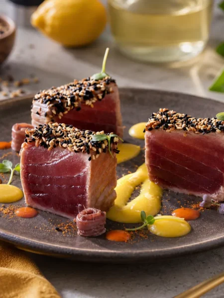 Tonno scottato con sesamo e salsa allo yogurt e senape