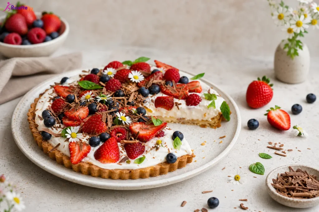 Torta alle bacche fit con crema allo yogurt greco, fragole, mirtilli, lamponi e cioccolato fondente