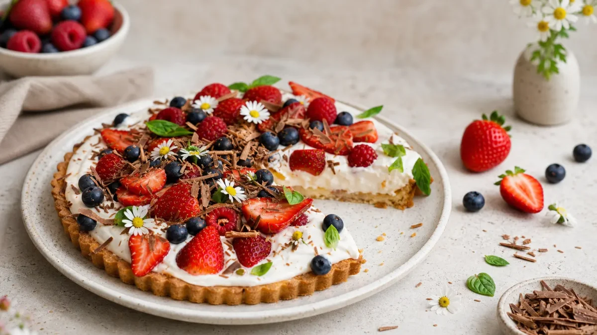 Torta alle bacche fit con crema allo yogurt greco, fragole, mirtilli, lamponi e cioccolato fondente