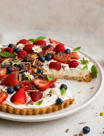 Torta alle bacche fit con crema allo yogurt greco, fragole, mirtilli, lamponi e cioccolato fondente
