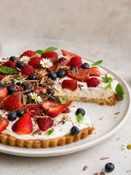 Torta alle bacche fit con crema allo yogurt greco, fragole, mirtilli, lamponi e cioccolato fondente
