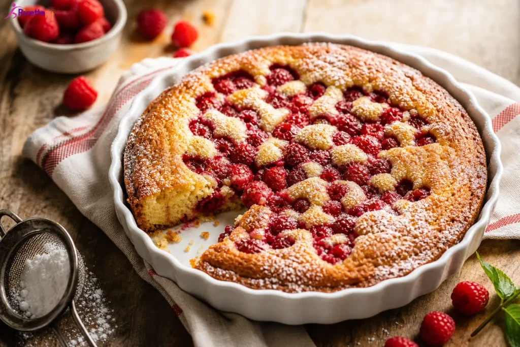 Torta di mandorle e bacche con lamponi in tortiera bianca