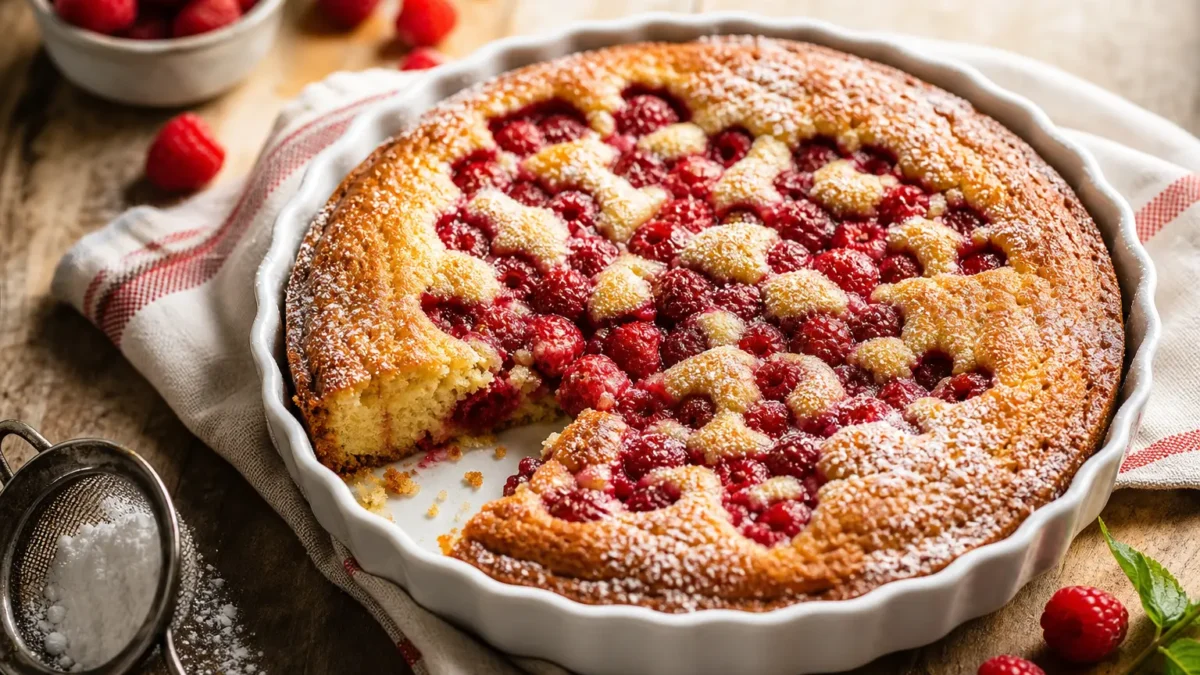 Torta di mandorle e bacche con lamponi in tortiera bianca