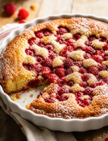 Torta di mandorle e bacche con lamponi in tortiera bianca