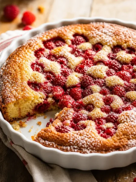 Torta di mandorle e bacche con lamponi in tortiera bianca