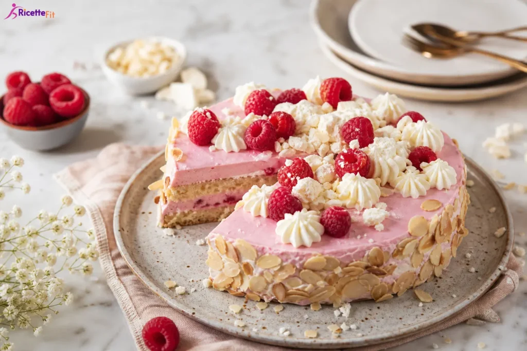 Torta fit ai lamponi con crema rosa allo yogurt e mandorle a lamelle