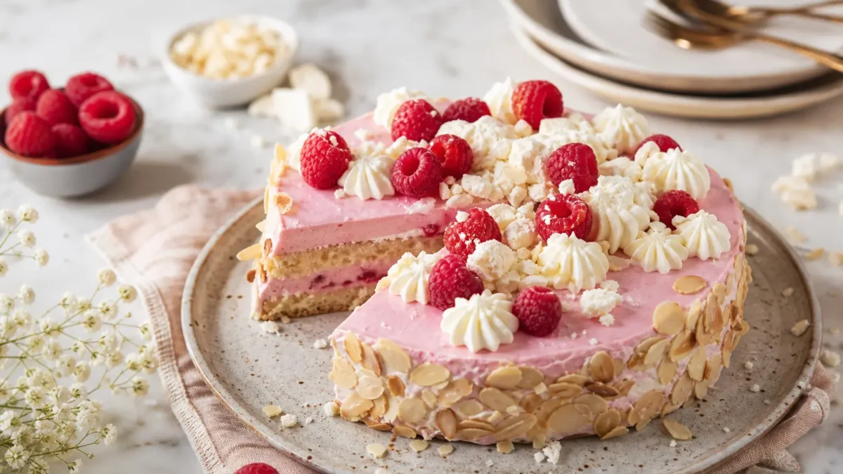 Torta fit ai lamponi con crema rosa allo yogurt e mandorle a lamelle