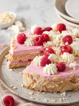 Torta fit ai lamponi con crema rosa allo yogurt e mandorle a lamelle