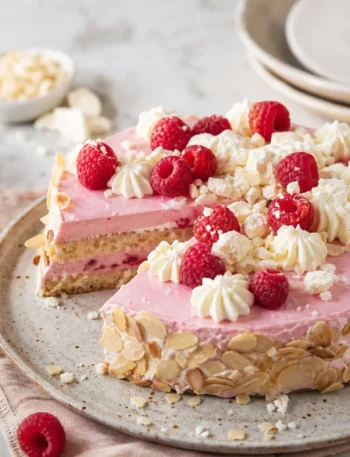 Torta fit ai lamponi con crema rosa allo yogurt e mandorle a lamelle