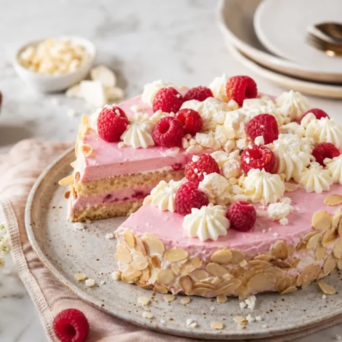 Torta fit ai lamponi con crema rosa allo yogurt e mandorle