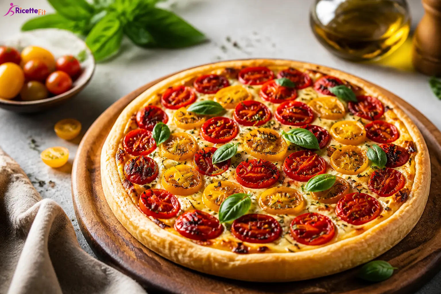Torta salata fit con pomodorini ricotta e basilico