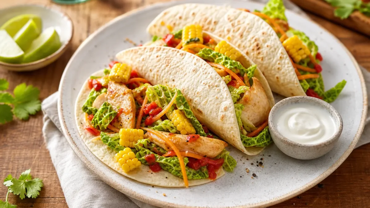 Tortillas fit al pollo con verdure croccanti, mais e salsa yogurt al lime