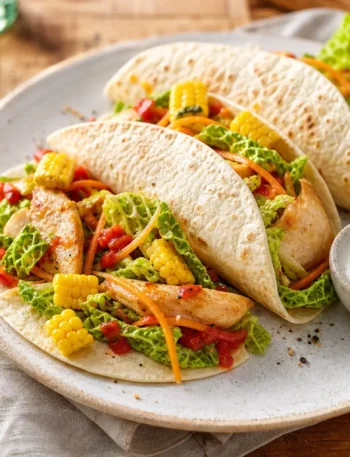 Tortillas fit al pollo con verdure croccanti, mais e salsa yogurt al lime